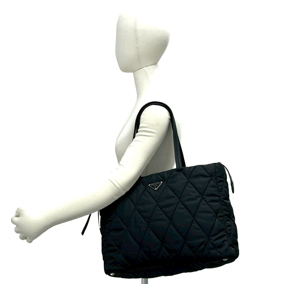 Prada Triangle Logo Quilted Nylon Leather Tote Shoulder Bag Black — view 2
