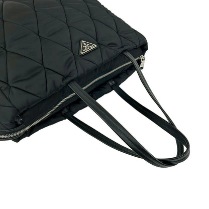 Prada Triangle Logo Quilted Nylon Leather Tote Shoulder Bag Black — view 4