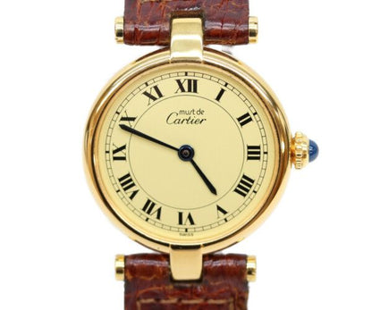 Cartier Must Vendeme Vermeil SM Ivory Roman Dial Leather Quartz