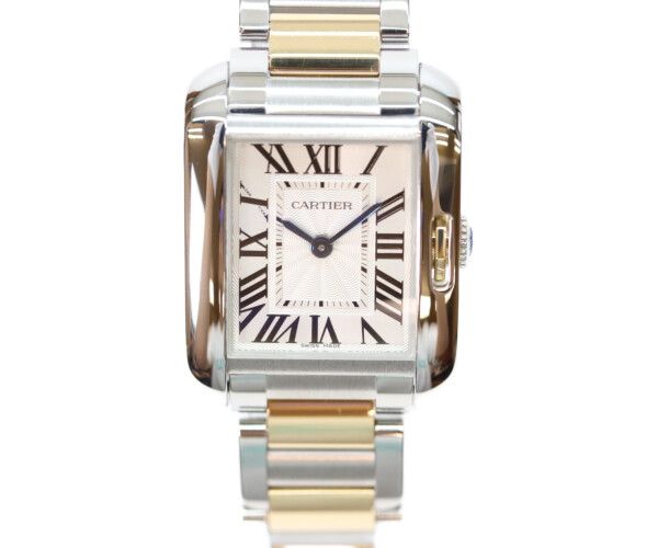 Cartier YG SS Tank Anglaise SM Silver Guilloche Dial Quartz