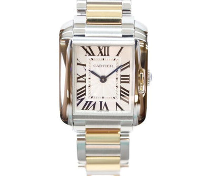 Cartier YG SS Tank Anglaise SM Silver Guilloche Dial Quartz