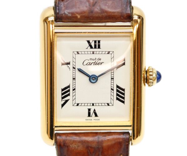 Cartier Must Tank Vermeil SM Late Model Flying Roman Ivory Dial Quartz Leather