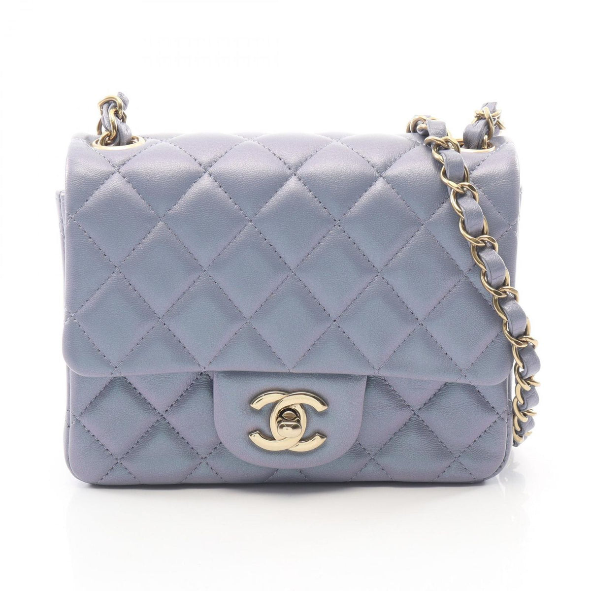 Chanel Shoulder Bag Mini Quilted Metallic Blue Gray Lambskin Chain