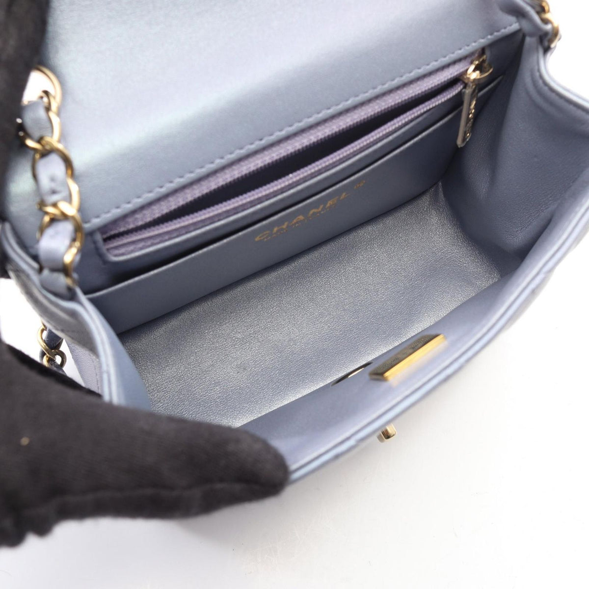 Chanel Shoulder Bag Mini Quilted Metallic Blue Gray Lambskin Chain — view 3