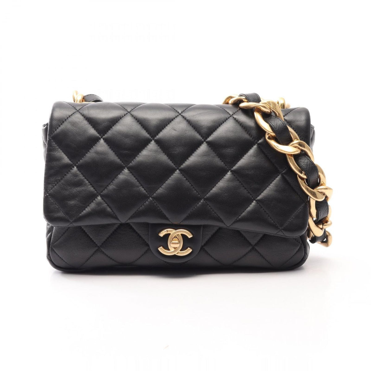 Chanel Shoulder Bag Large Flap Quilted Black Lambskin Chain