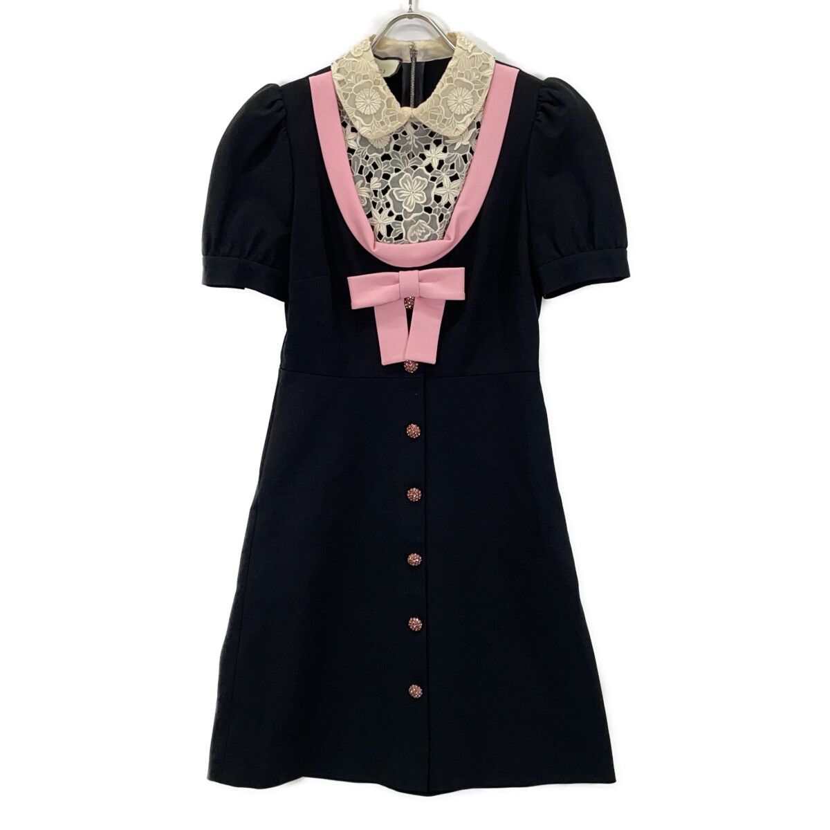 Gucci Black Pink Embroidered Lace Color Ribbon Dress