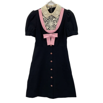 Gucci Black Pink Embroidered Lace Color Ribbon Dress