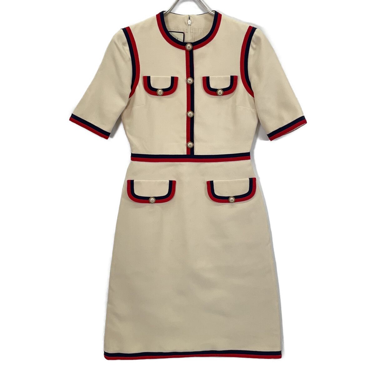 Gucci White Interlocking G Pearl Button Web Trim Dress 38