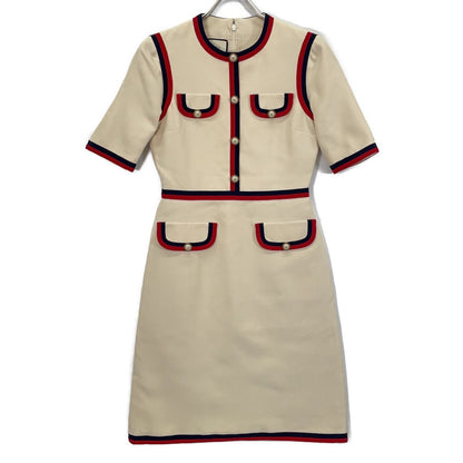 Gucci White Interlocking G Pearl Button Web Trim Dress 38