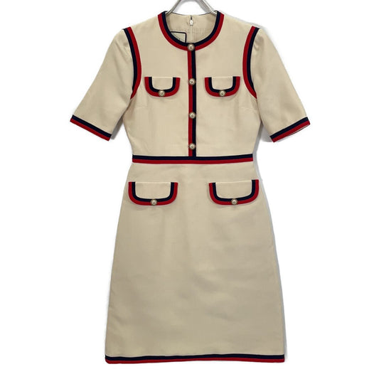 Gucci White Interlocking G Pearl Button Web Trim Dress 38