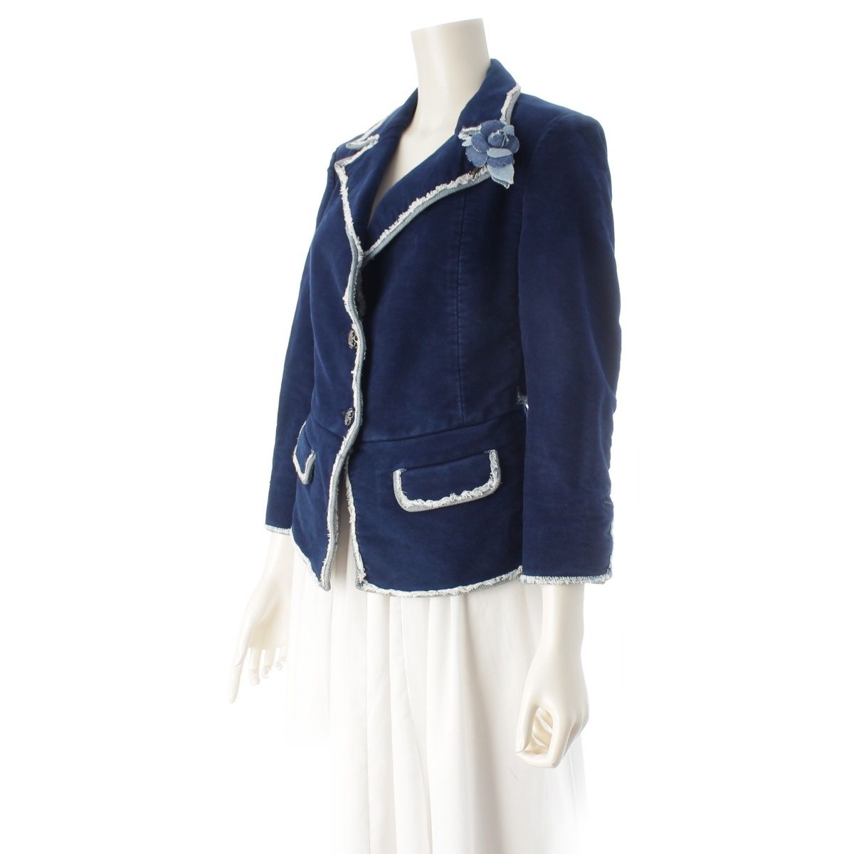 Chanel 07A Denim Brooch Velvet Trim Contrast Tailored Jacket Navy 36 — view 2