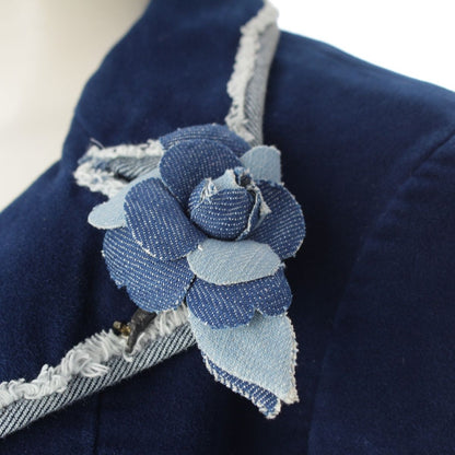 Chanel 07A Denim Brooch Velvet Trim Contrast Tailored Jacket Navy 36 — view 7