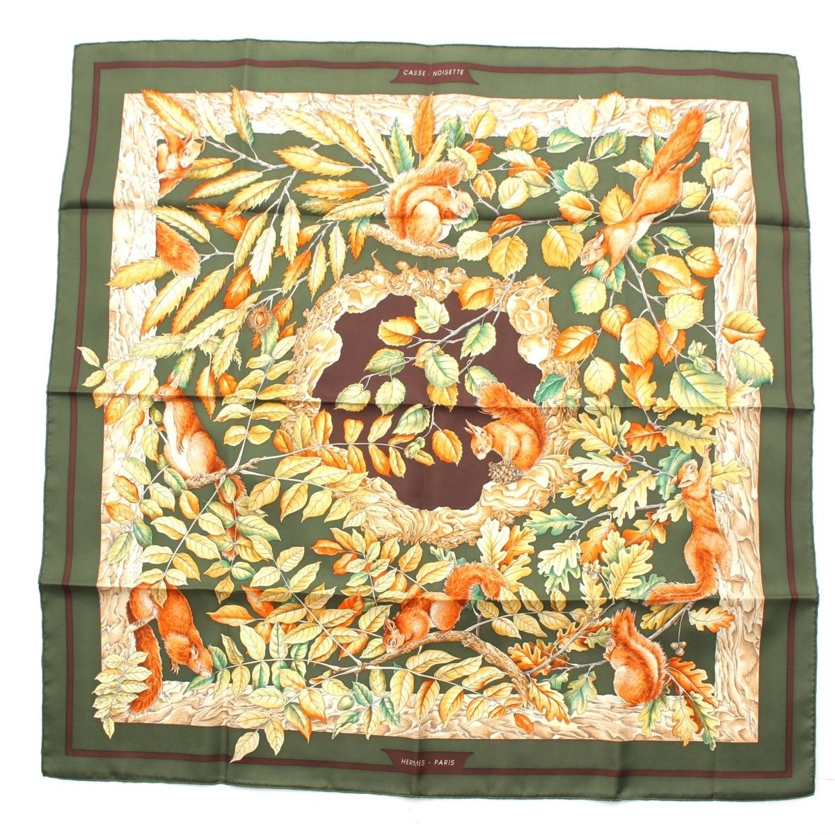 Hermes Carre 90 Silk Casse Noisette Nutcracker Scarf Green