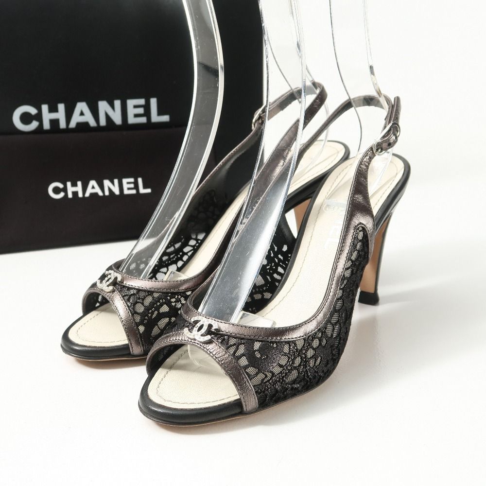 Chanel Pumps CC Logo Lace Slingback Open Toe Heel 37