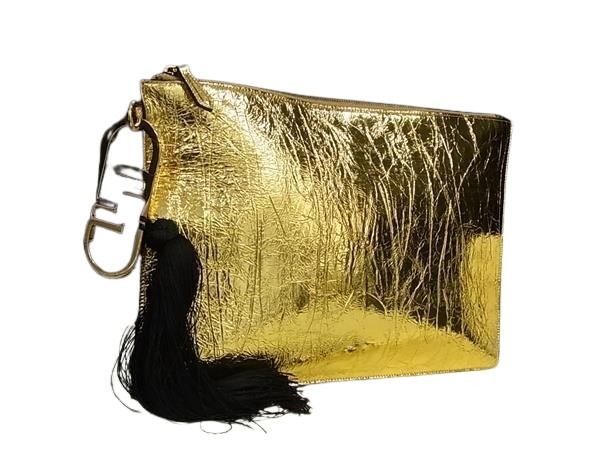 Fendi Clutch Large Flat Pouch Gold Leather Tassel