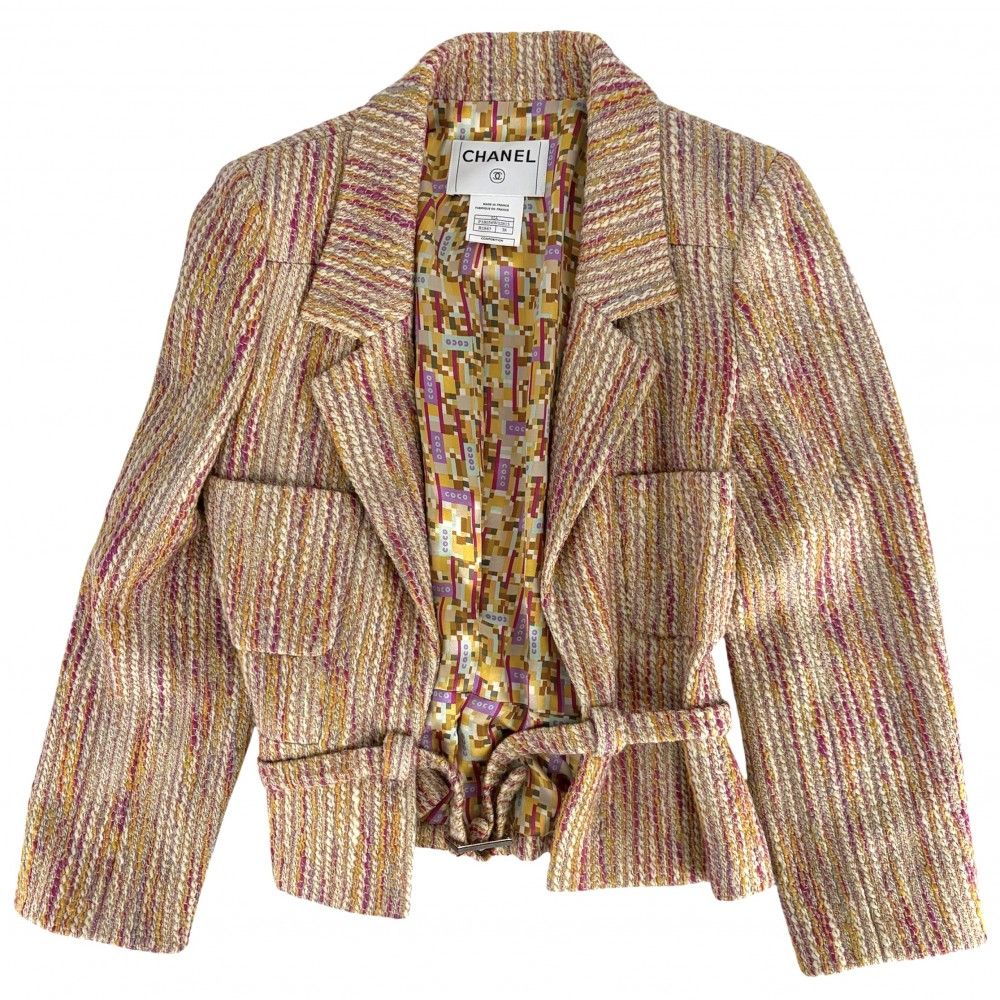 Chanel Tweed Belted Jacket 38 Beige Pink Gold Wool Spring Autumn