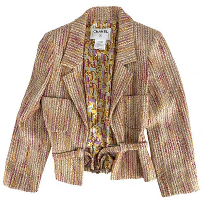 Chanel Tweed Belted Jacket 38 Beige Pink Gold Wool Spring Autumn