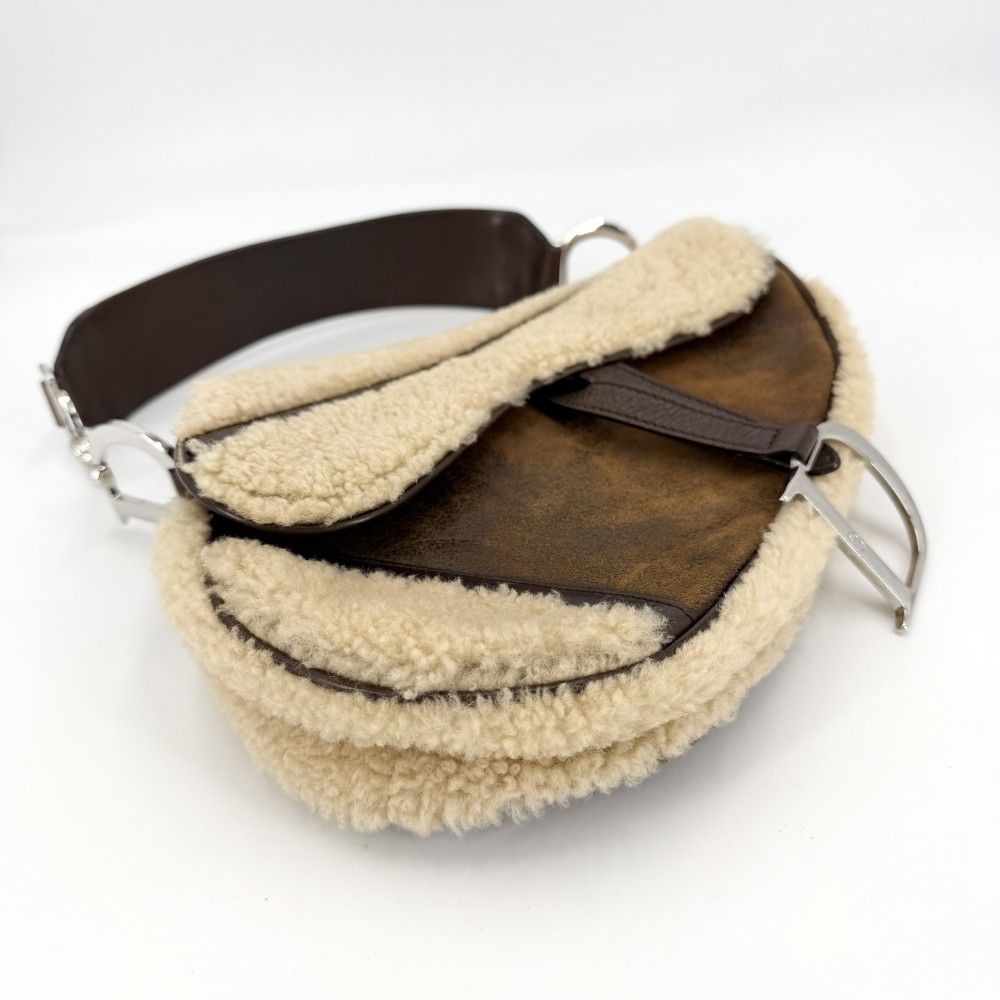 Dior Saddle Bag Galliano Era Shoulder Shearling Leather Brown Beige Silver — view 3