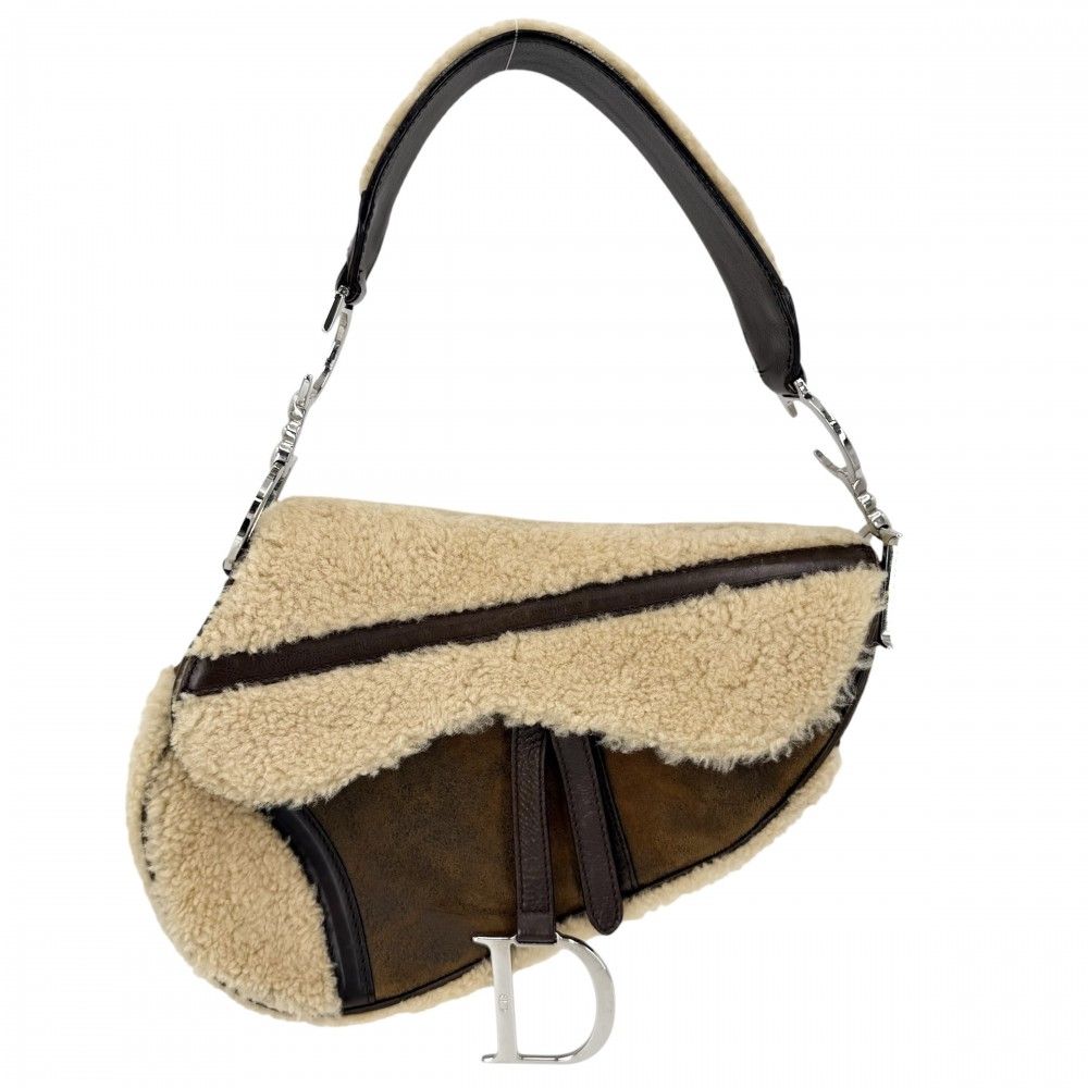 Dior Saddle Bag Galliano Era Shoulder Shearling Leather Brown Beige Silver