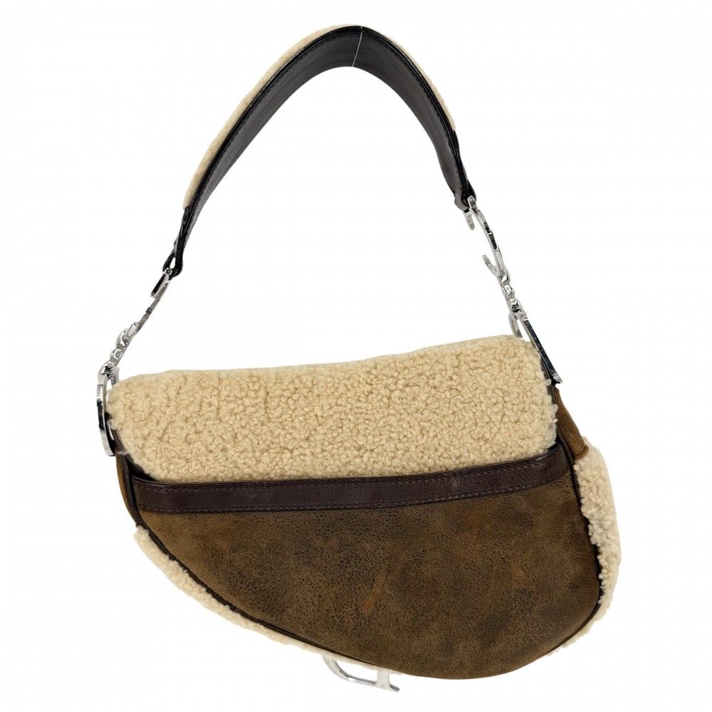 Dior Saddle Bag Galliano Era Shoulder Shearling Leather Brown Beige Silver — view 2