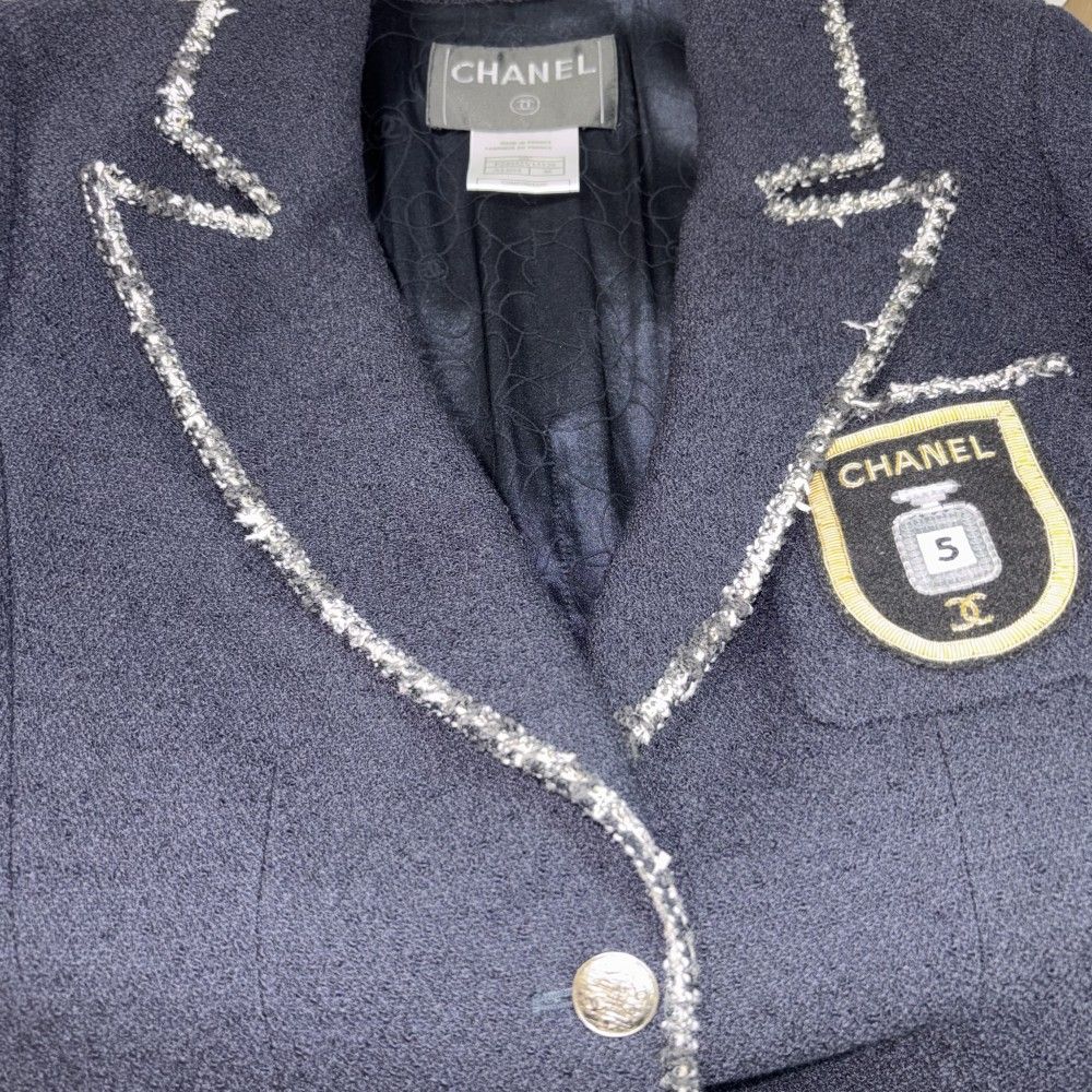 Chanel Tailored Jacket CC Logo Emblem 38 Navy Wool Cotton Spring Autumn — view 7