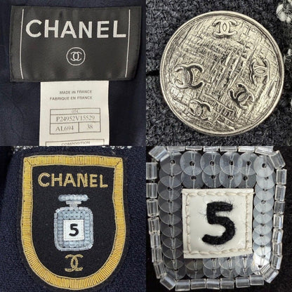 Chanel Tailored Jacket CC Logo Emblem 38 Navy Wool Cotton Spring Autumn — view 3