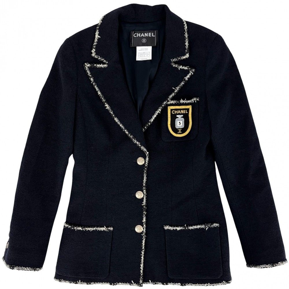 Chanel Tailored Jacket CC Logo Emblem 38 Navy Wool Cotton Spring Autumn