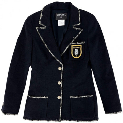 Chanel Tailored Jacket CC Logo Emblem 38 Navy Wool Cotton Spring Autumn