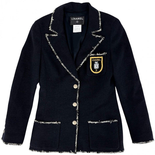 Chanel Tailored Jacket CC Logo Emblem 38 Navy Wool Cotton Spring Autumn