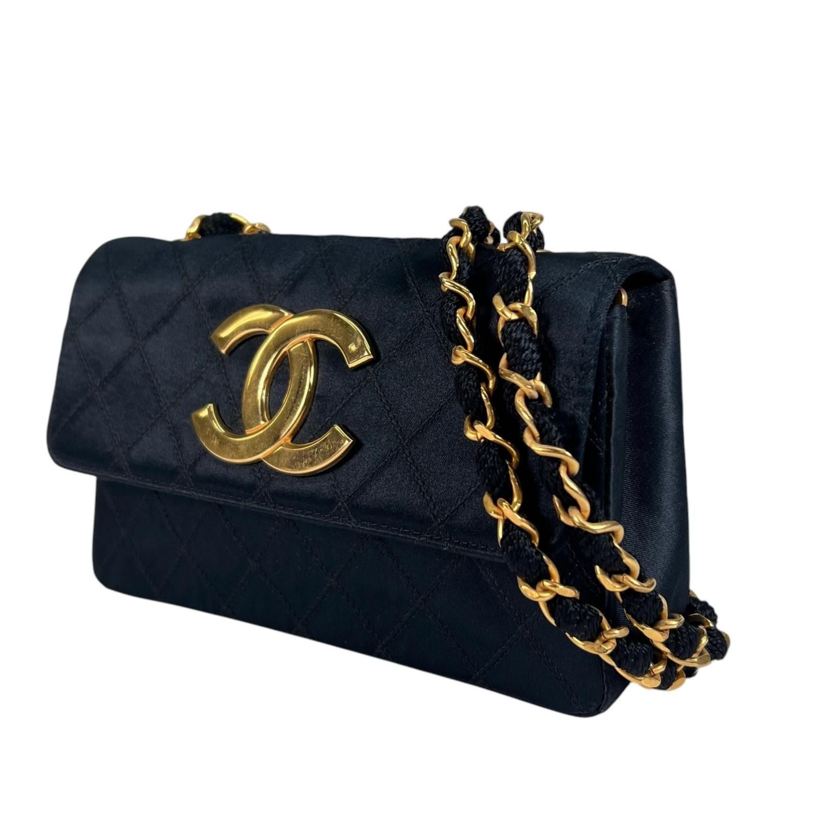 Chanel Large CC Logo Quilted Chain Shoulder Bag Satin Black — view 2
