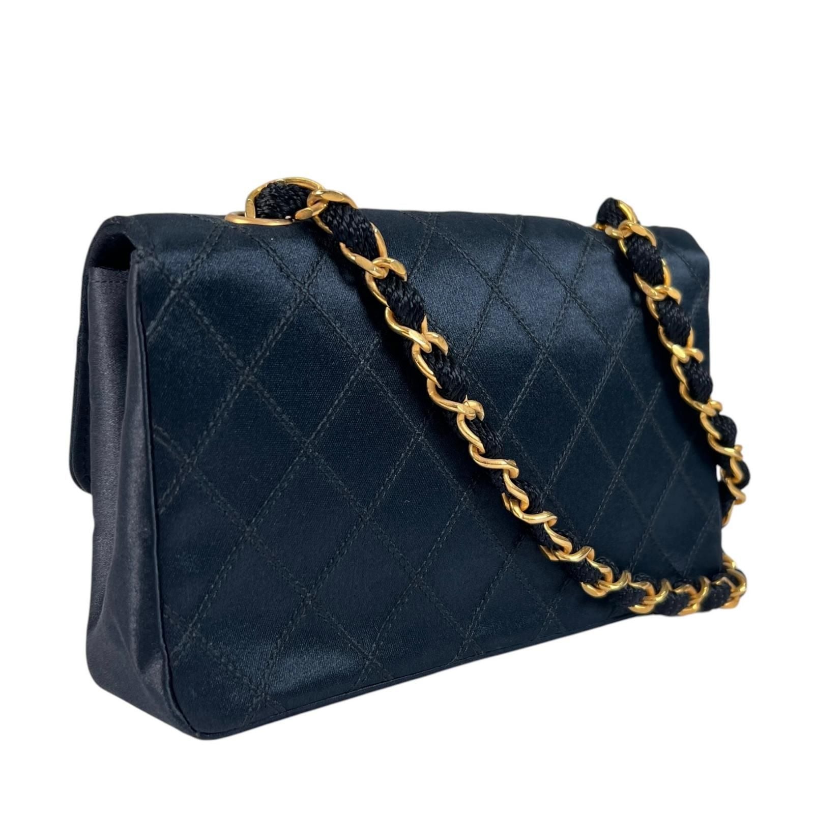 Chanel Large CC Logo Quilted Chain Shoulder Bag Satin Black — view 3