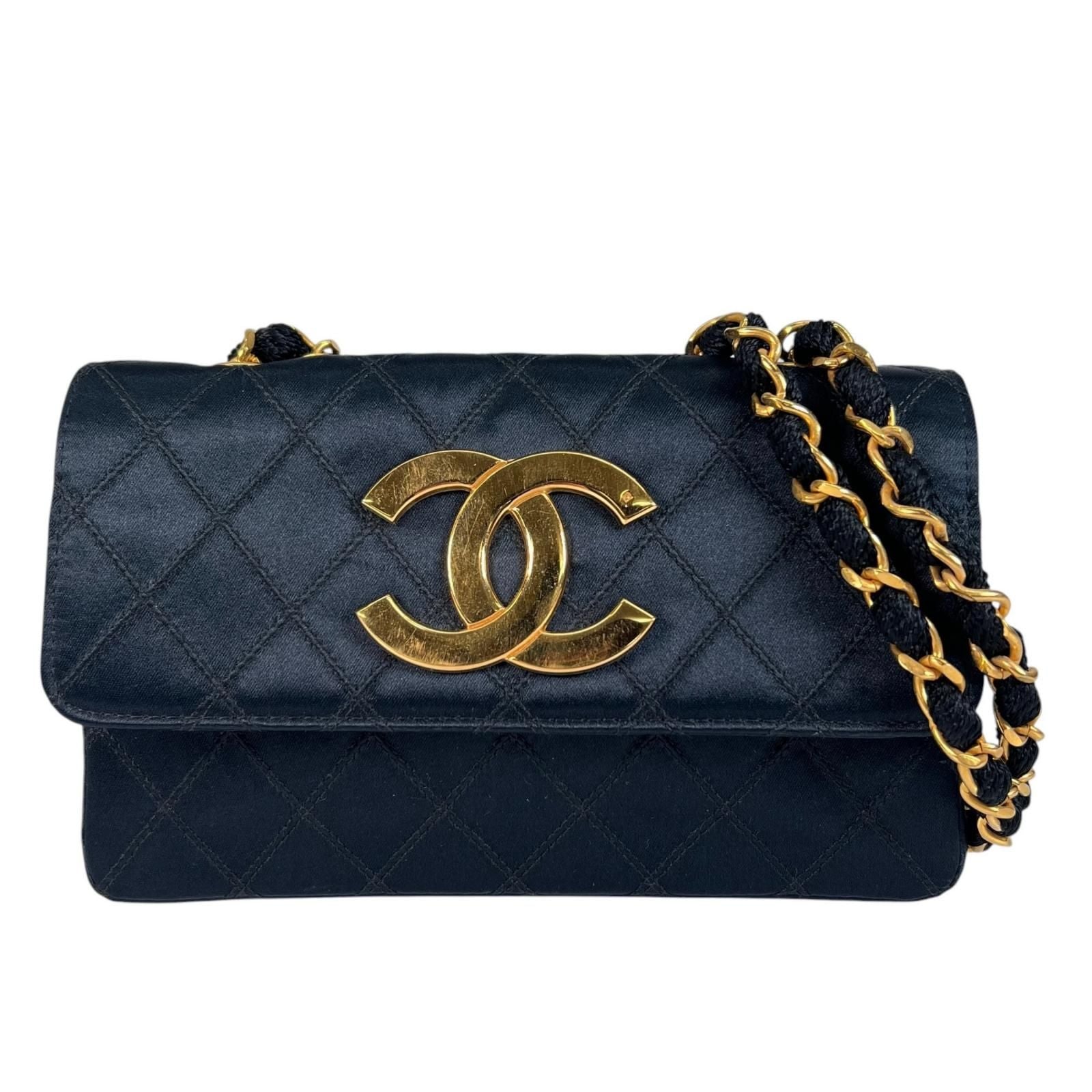 Chanel Large CC Logo Quilted Chain Shoulder Bag Satin Black