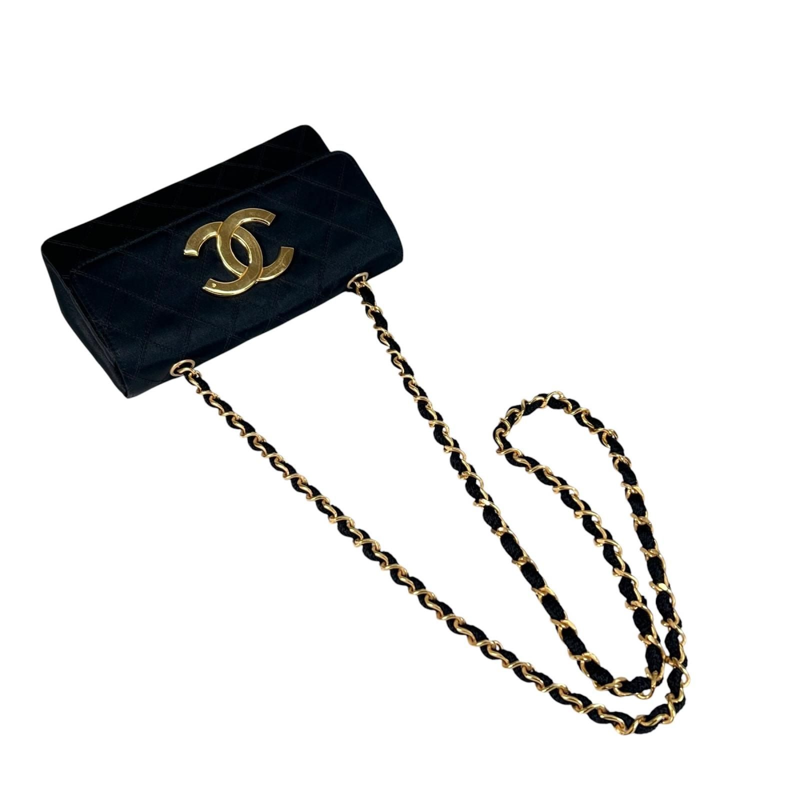 Chanel Large CC Logo Quilted Chain Shoulder Bag Satin Black — view 5