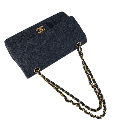 Chanel Quilted Shoulder Bag Wool Gray Double Flap Chain CC Logo — view 5
