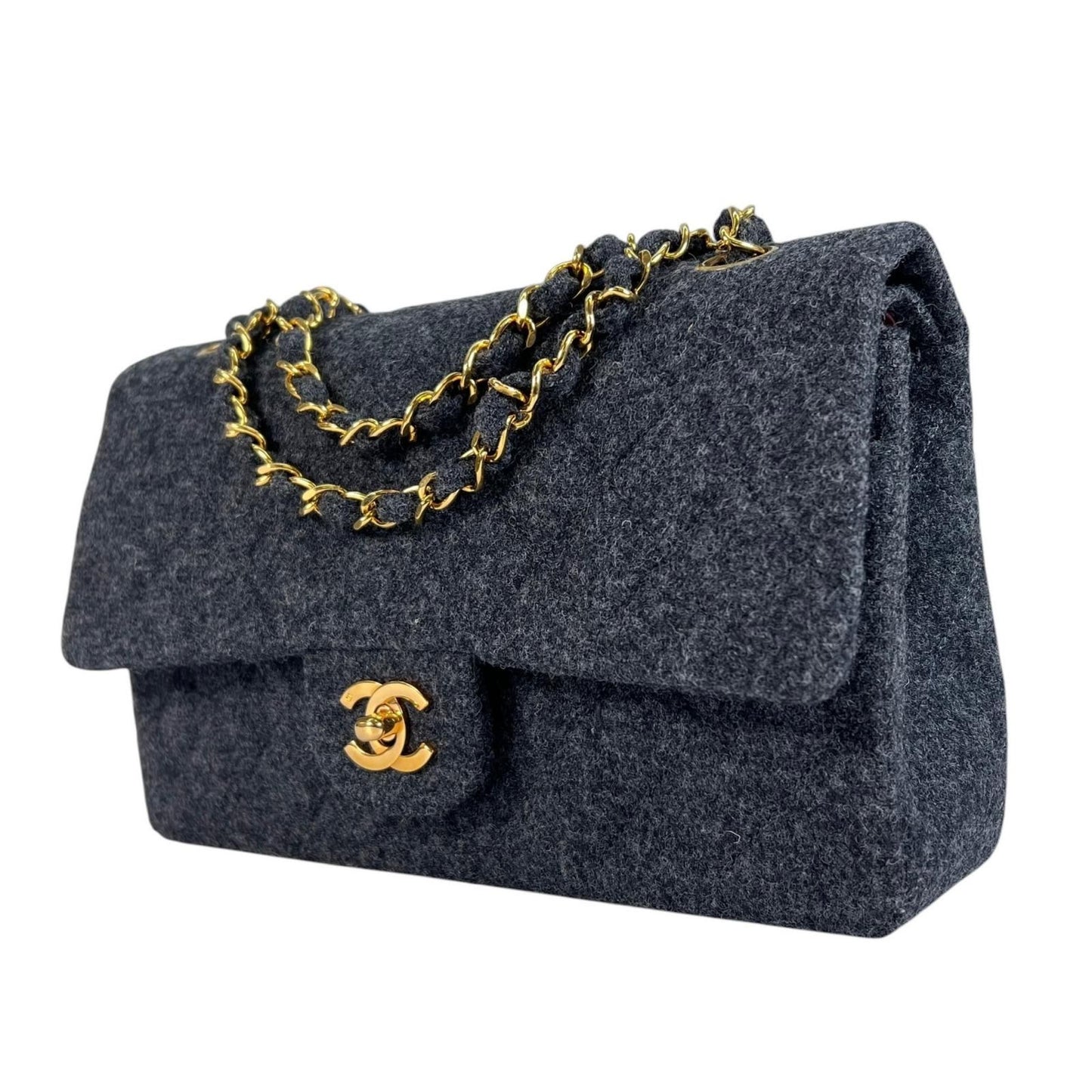 Chanel Quilted Shoulder Bag Wool Gray Double Flap Chain CC Logo — view 2