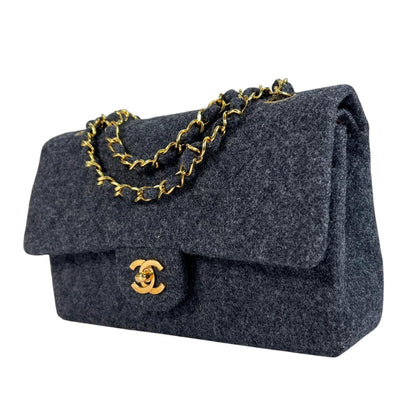 Chanel Quilted Shoulder Bag Wool Gray Double Flap Chain CC Logo — view 2