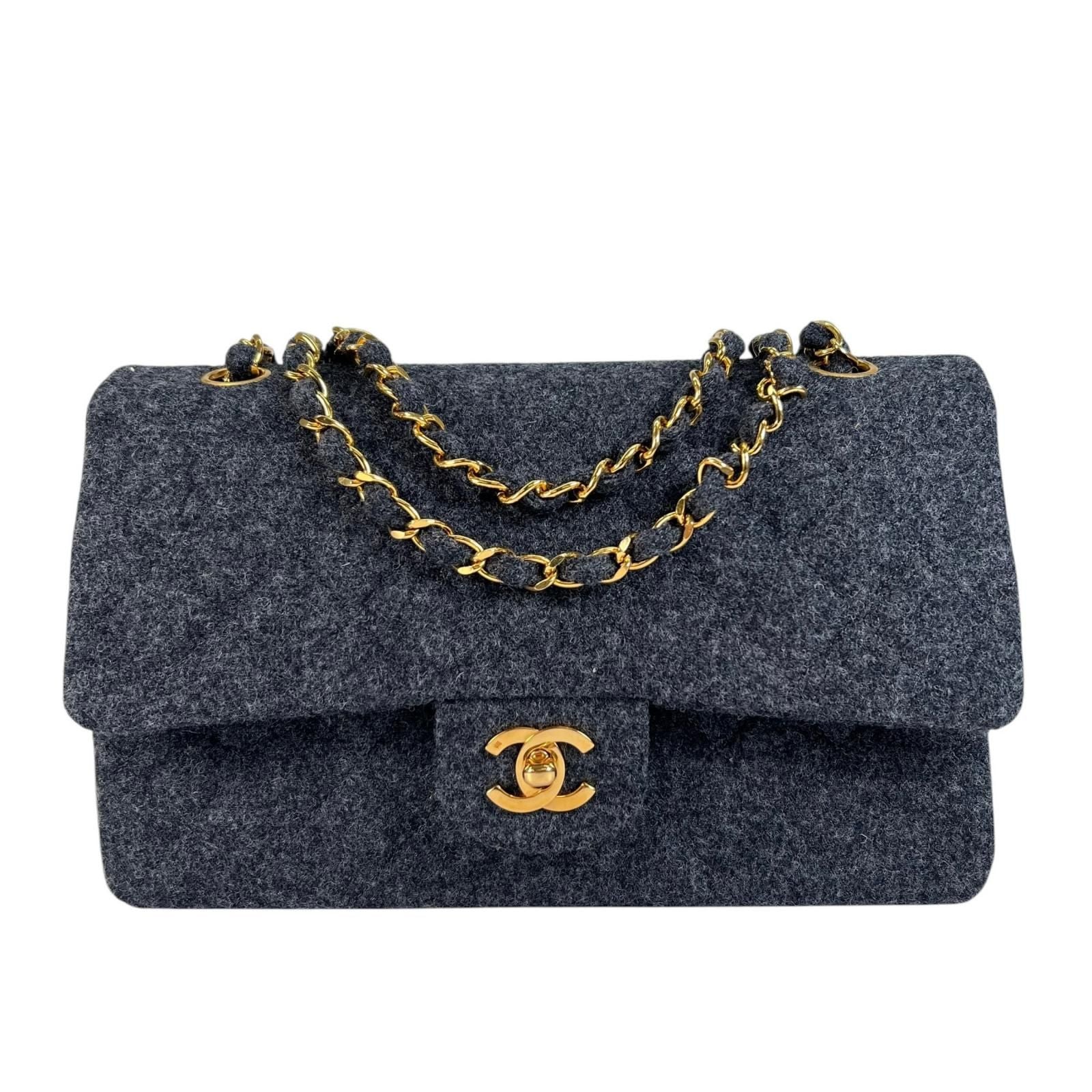 Chanel Quilted Shoulder Bag Wool Gray Double Flap Chain CC Logo