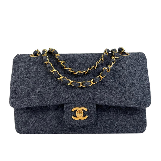 Chanel Quilted Shoulder Bag Wool Gray Double Flap Chain CC Logo