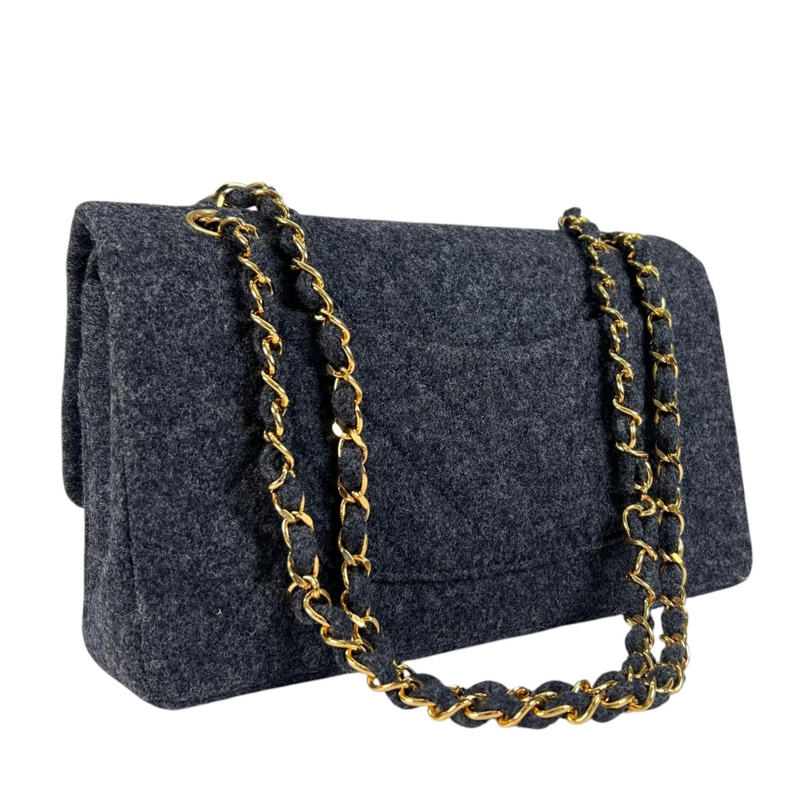 Chanel Quilted Shoulder Bag Wool Gray Double Flap Chain CC Logo — view 3