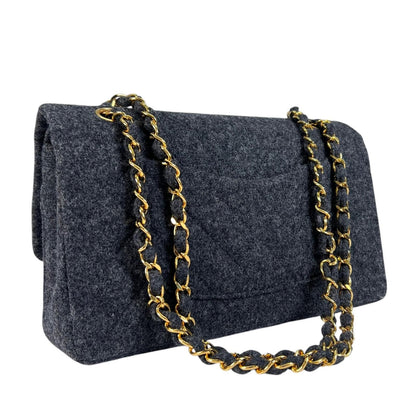 Chanel Quilted Shoulder Bag Wool Gray Double Flap Chain CC Logo — view 3