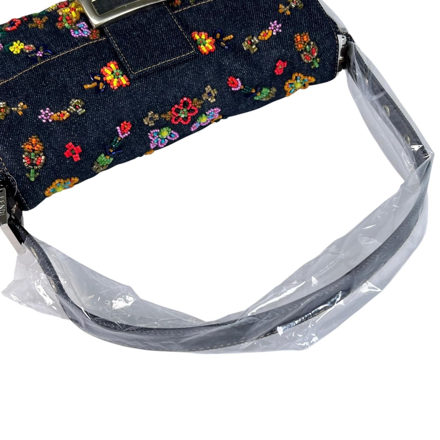 Fendi Mamma Baguette Handbag Denim Multicolor Beads Bijou Embroidery — view 6