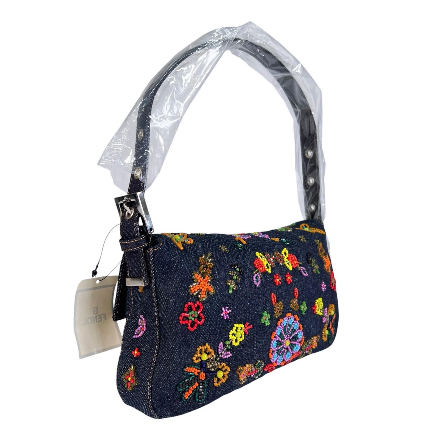 Fendi Mamma Baguette Handbag Denim Multicolor Beads Bijou Embroidery — view 3