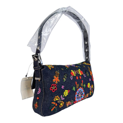 Fendi Mamma Baguette Handbag Denim Multicolor Beads Bijou Embroidery — view 3