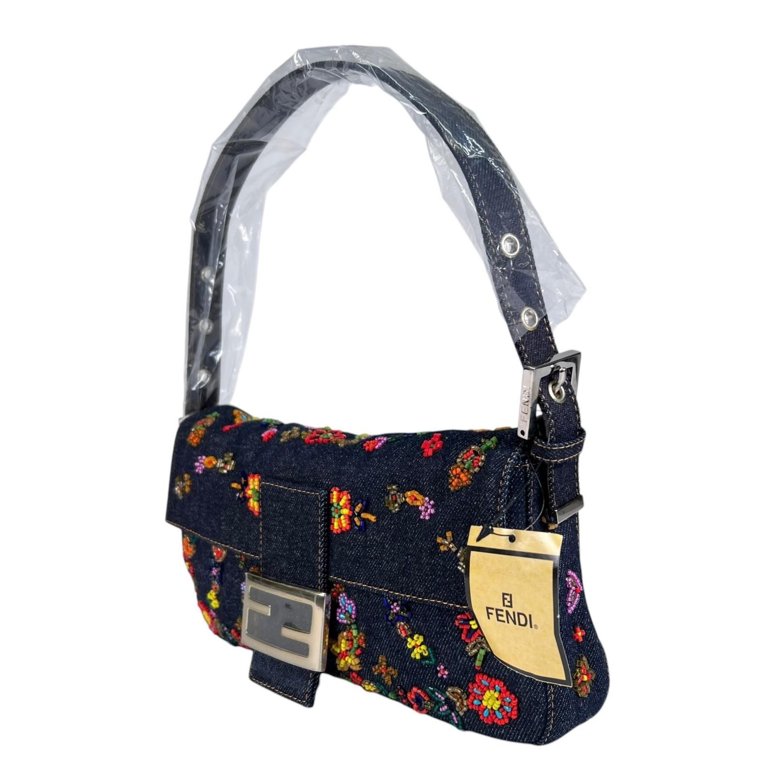Fendi Mamma Baguette Handbag Denim Multicolor Beads Bijou Embroidery — view 2