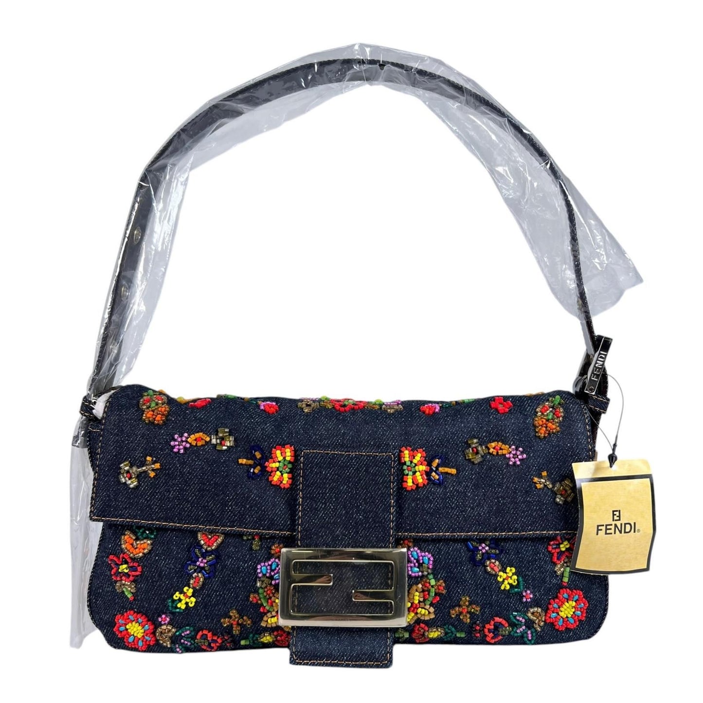 Fendi Mamma Baguette Handbag Denim Multicolor Beads Bijou Embroidery