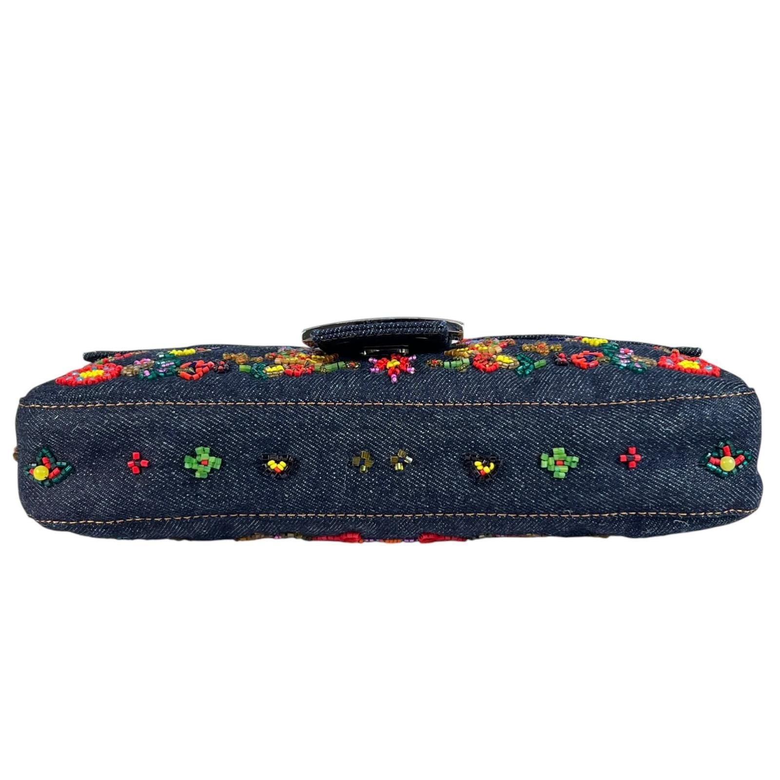 Fendi Mamma Baguette Handbag Denim Multicolor Beads Bijou Embroidery — view 4