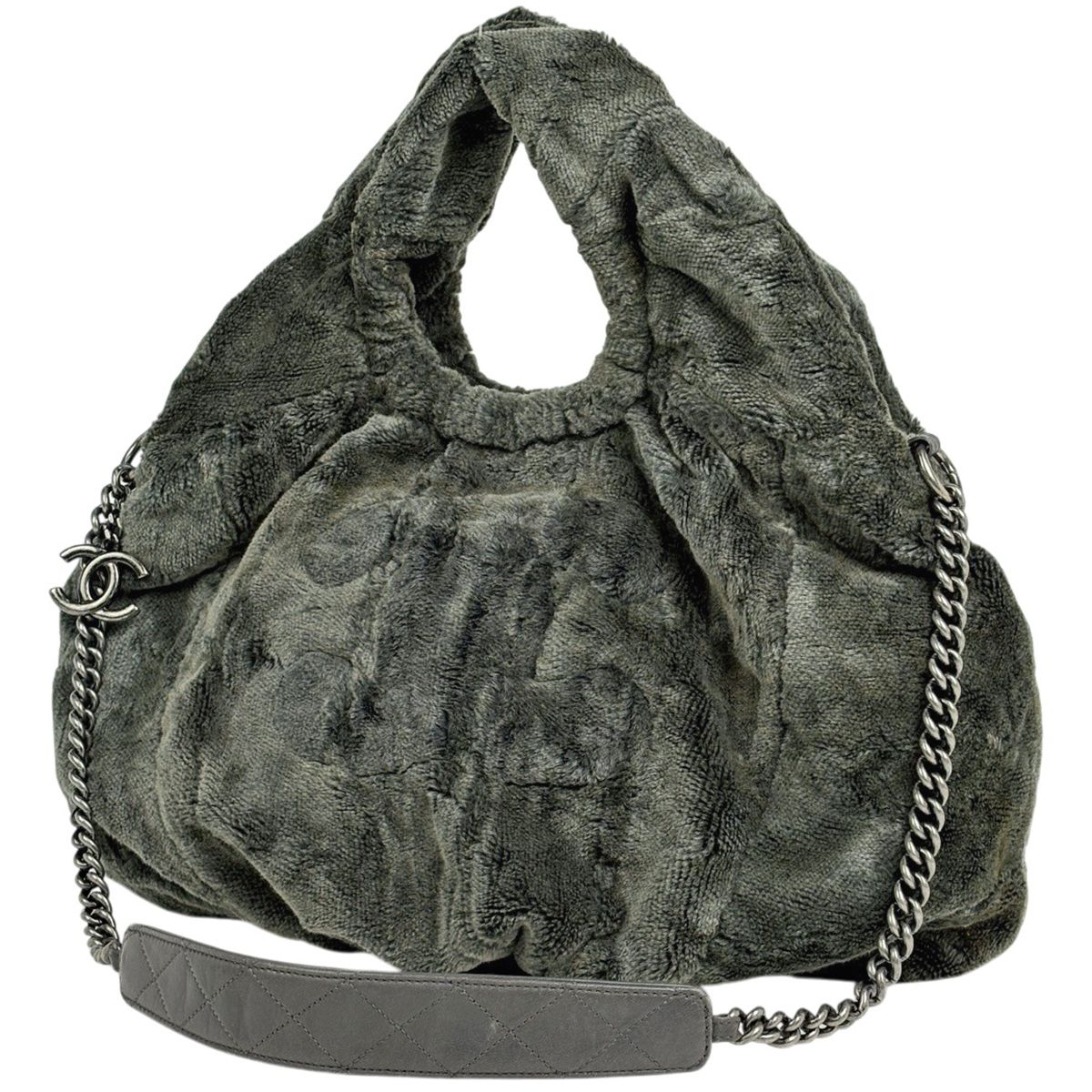 Chanel CC Logo Chain Shoulder Bag 2-Way Faux Fur Fabric Green