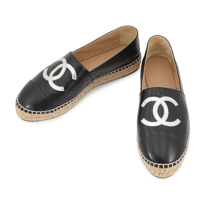 Chanel Espadrilles CC Logo Flat Shoes Patent Leather Slip On Black 37