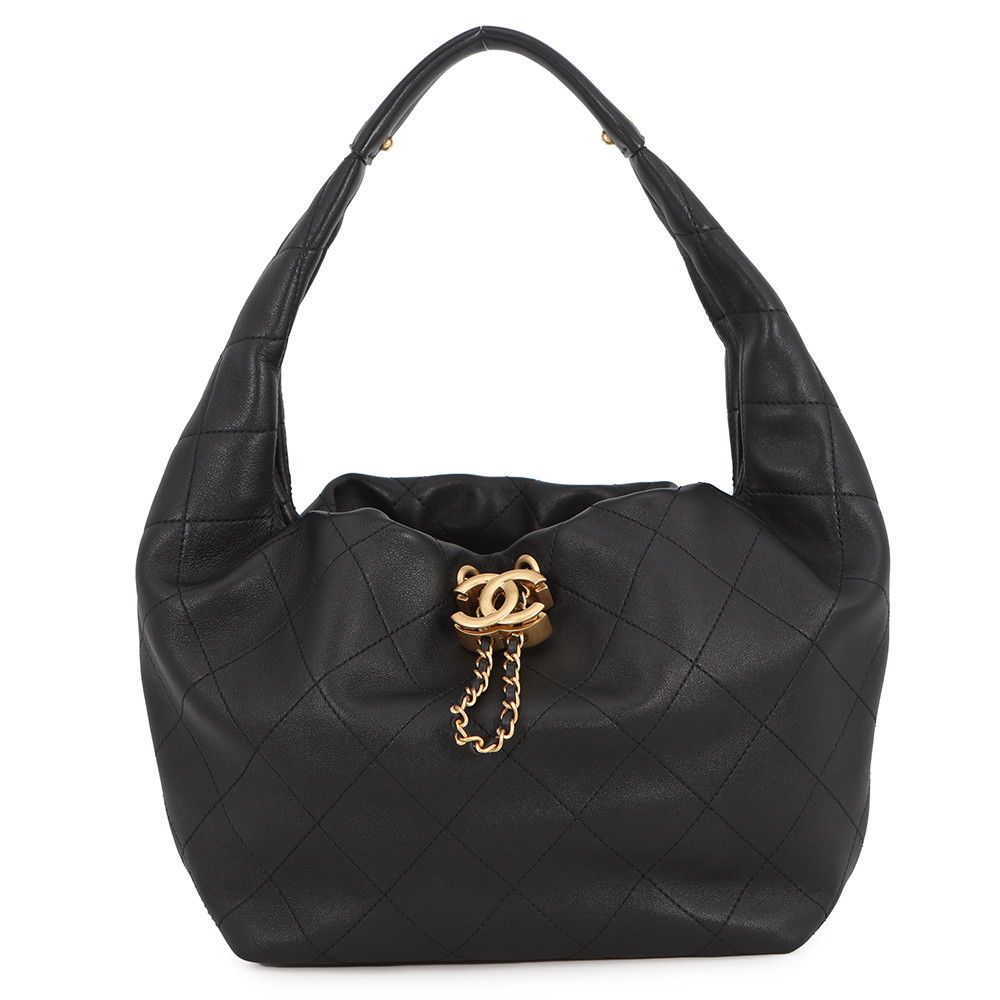 Chanel Handbag Quilted CC Logo Hobo Calfskin Black