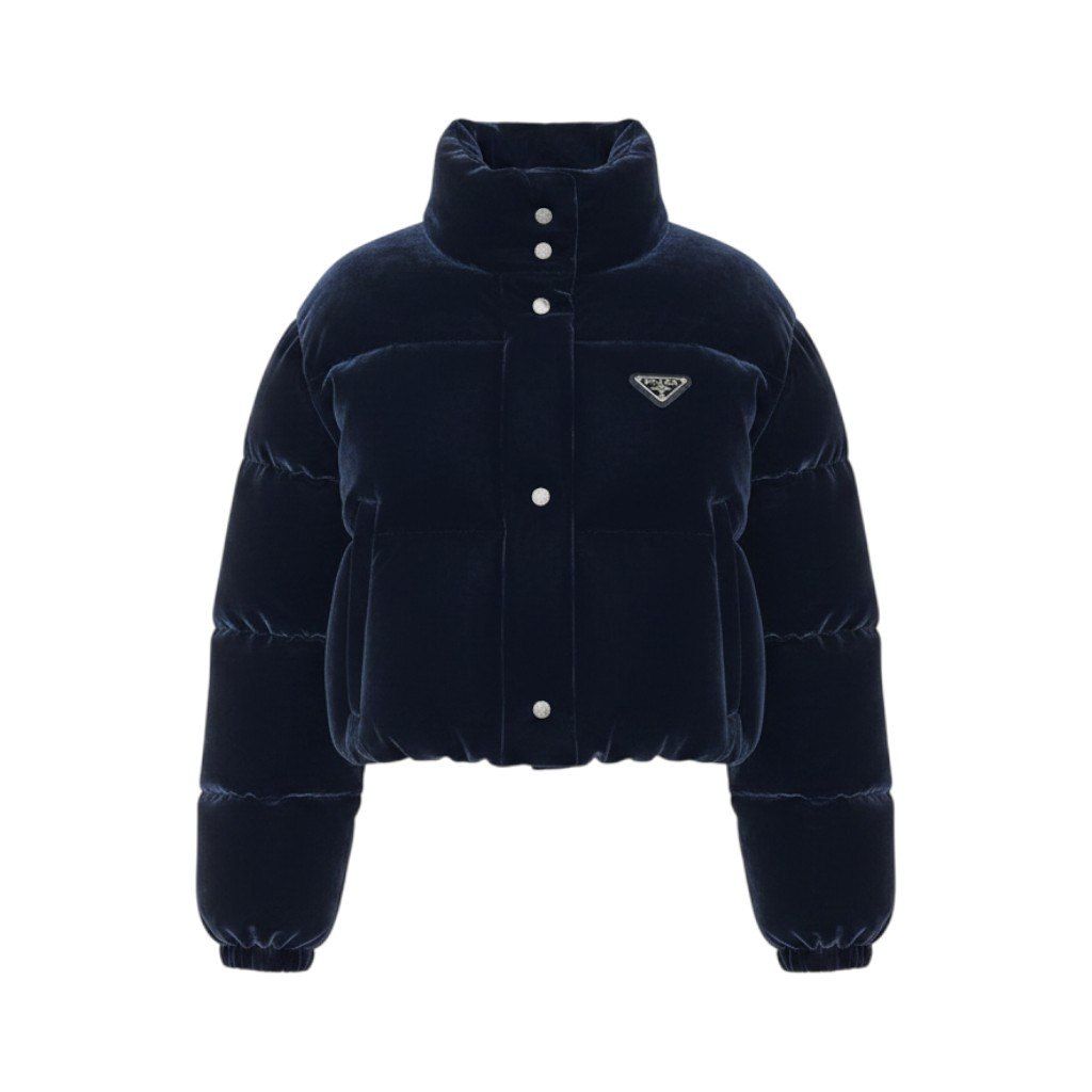 Prada Velvet Velour Cropped Down Jacket 36 Navy